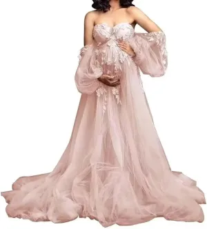HEWEIGUI Off Shoulder Maternity Dress Tulle Baby Shower Dress for Photoshoot Appliques Maternity Gowns Pregnancy Gown