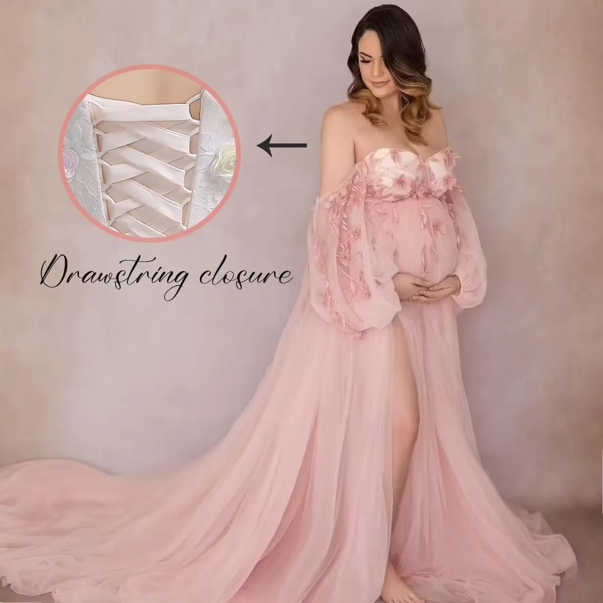 HEWEIGUI Off Shoulder Maternity Dress Tulle Baby Shower Dress for Photoshoot Appliques Maternity Gowns Pregnancy Gown