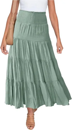 HGps8w Women's Boho Tiered Flowy Maxi Skirt, Laceup Smocked High Waisted Casual Summer Beach Long Skirts