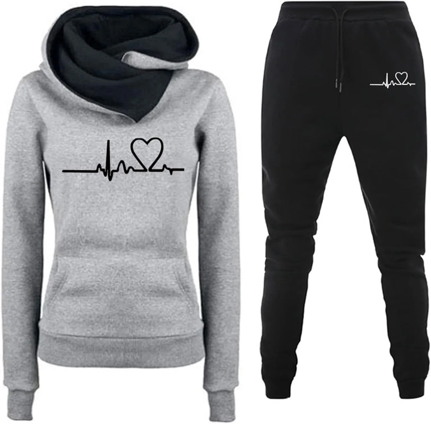 HGps8w Womens Fleece Lined Sweatsuits Sets 2 Piece Outfits Heartbeat Printed Hoodie Sweatshirt Sweatpants Jogging Tracksuits