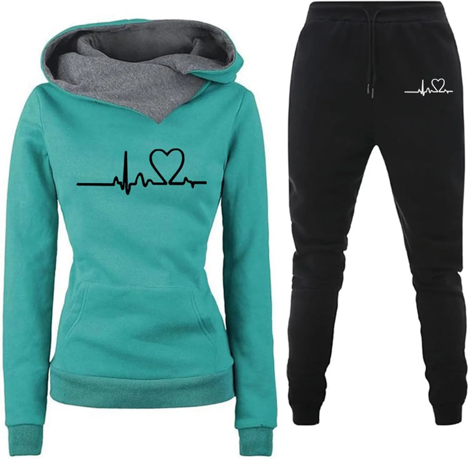 HGps8w Womens Fleece Lined Sweatsuits Sets 2 Piece Outfits Heartbeat Printed Hoodie Sweatshirt Sweatpants Jogging Tracksuits