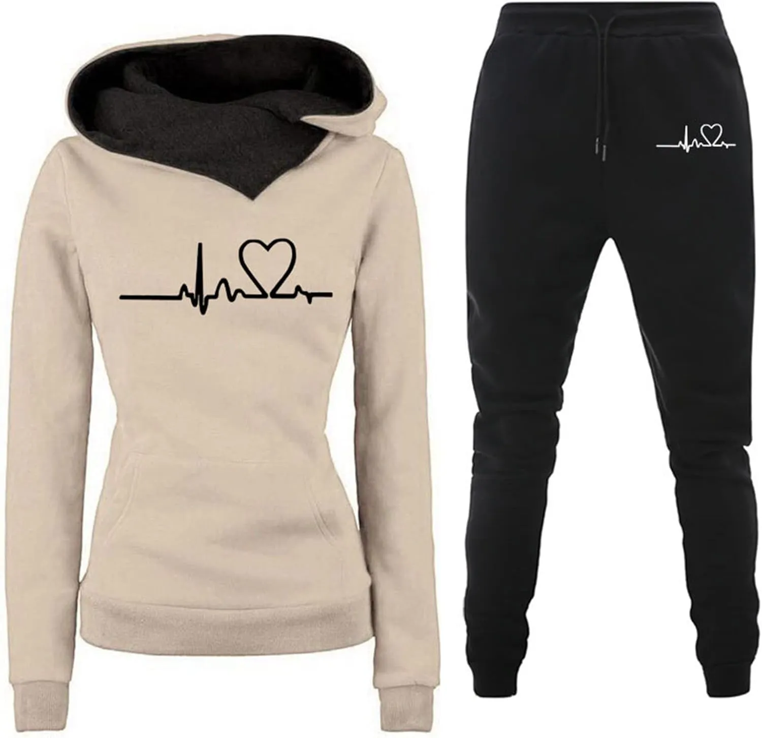 HGps8w Womens Fleece Lined Sweatsuits Sets 2 Piece Outfits Heartbeat Printed Hoodie Sweatshirt Sweatpants Jogging Tracksuits