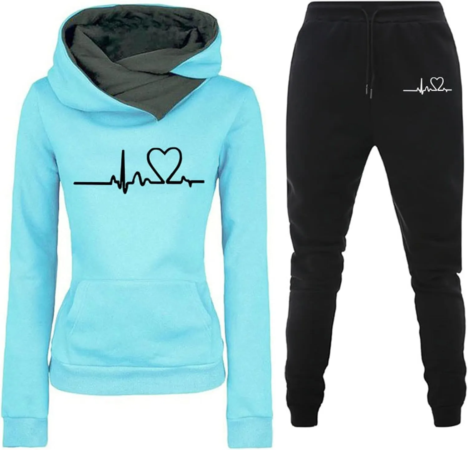 HGps8w Womens Fleece Lined Sweatsuits Sets 2 Piece Outfits Heartbeat Printed Hoodie Sweatshirt Sweatpants Jogging Tracksuits
