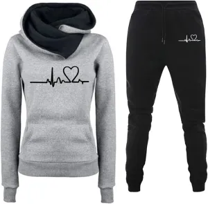 HGps8w Womens Fleece Lined Sweatsuits Sets 2 Piece Outfits Heartbeat Printed Hoodie Sweatshirt Sweatpants Jogging Tracksuits