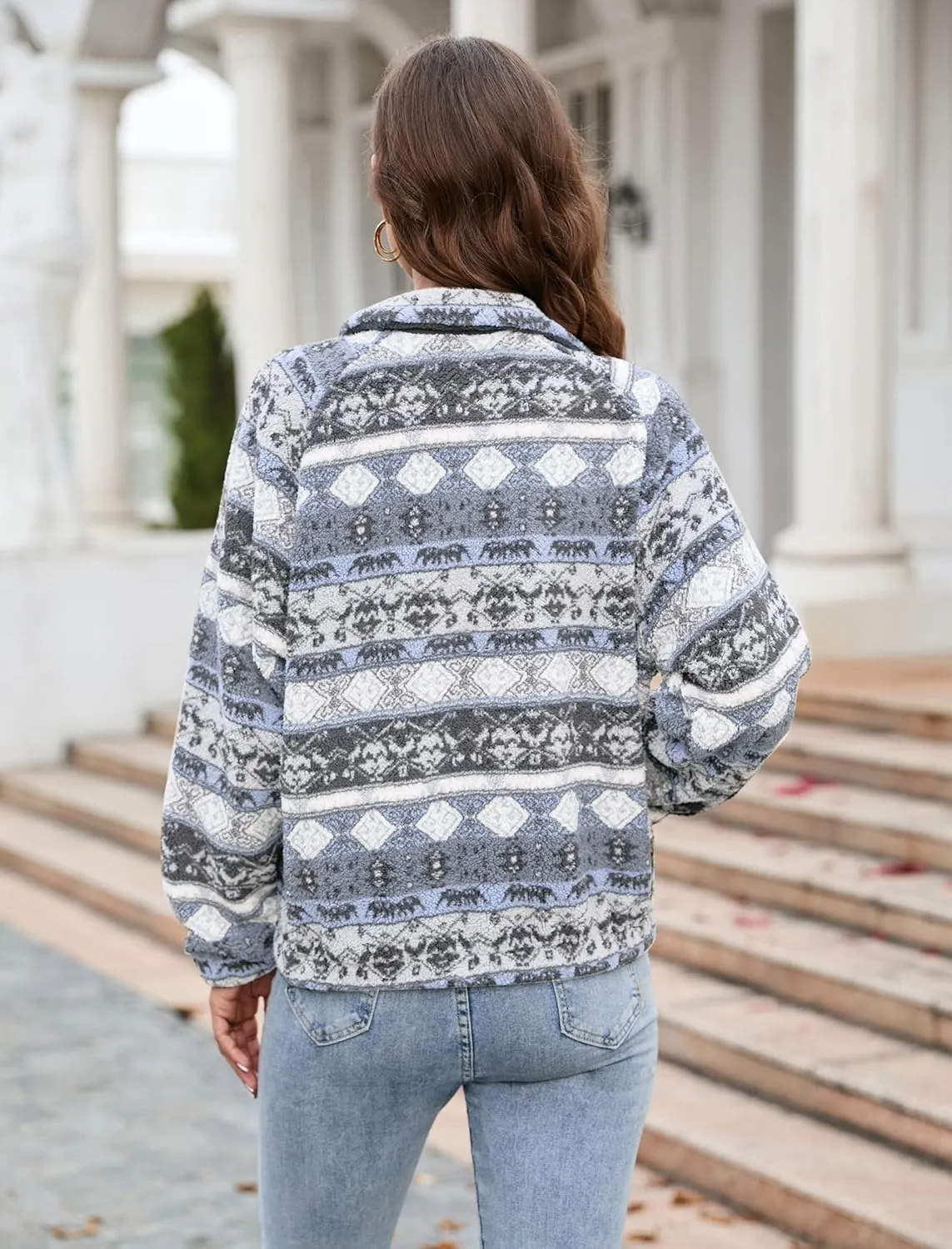 iChunhua Aztec Sweatshirt for Women Casual Long Sleeve Oversized Cropped Pullover Top Fuzzy Fleece Sweater