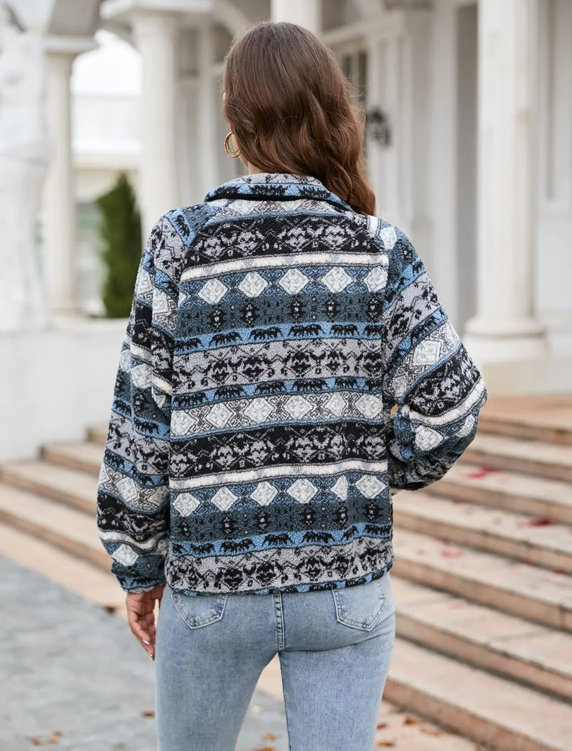 iChunhua Aztec Sweatshirt for Women Casual Long Sleeve Oversized Cropped Pullover Top Fuzzy Fleece Sweater