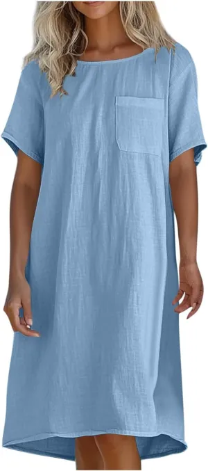 JOAU Cotton Linen Dress for Women 2025 Summer Casual Shift T-Shirt Dresses Beach Vacation Knee Length Dress with Pocket