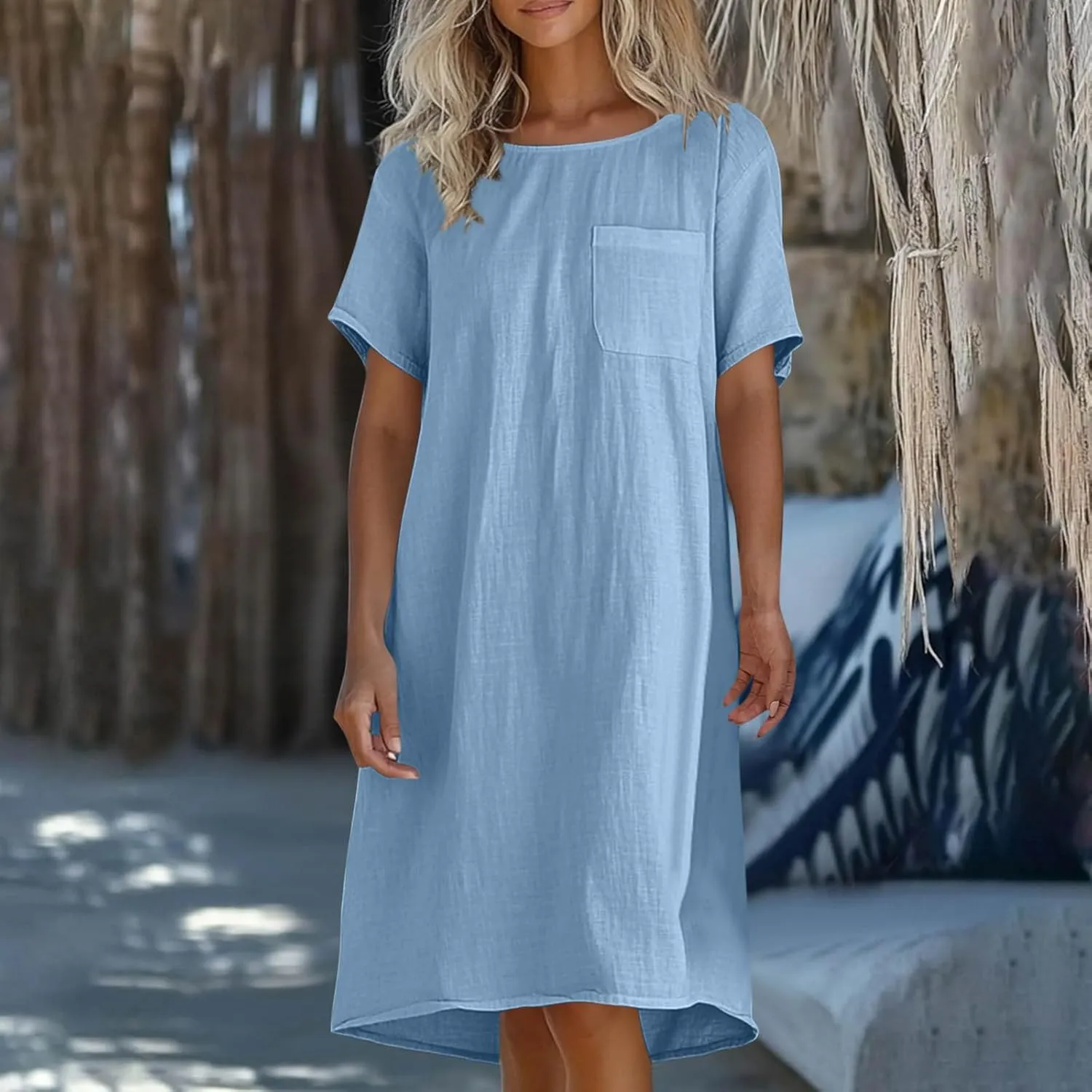 JOAU Cotton Linen Dress for Women 2025 Summer Casual Shift T-Shirt Dresses Beach Vacation Knee Length Dress with Pocket