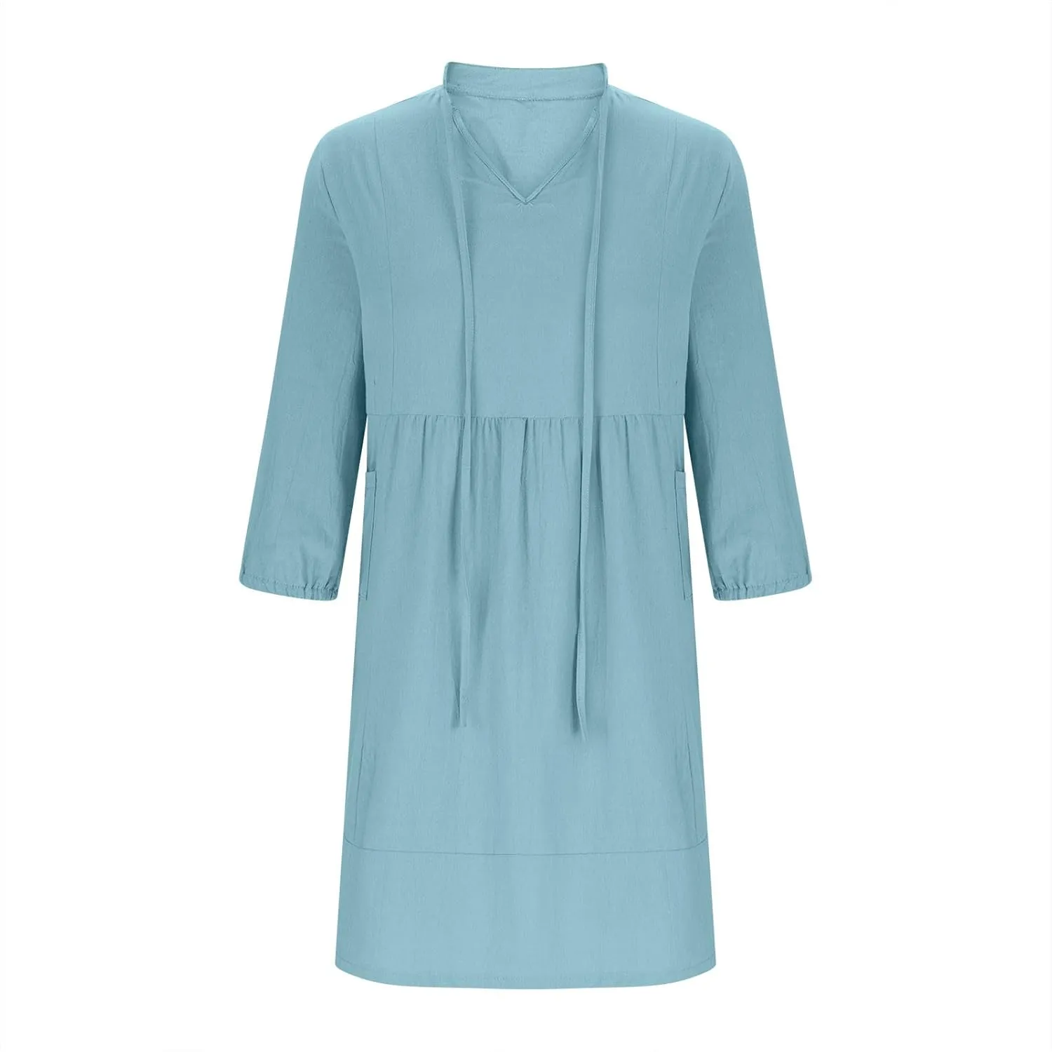 JOAU Womens 3/4 Sleeve Shirt Dress Summer Casual V Neck Drawstring Ruffle Hem A-Line Pleated Beach Midi Dresses with Pockets