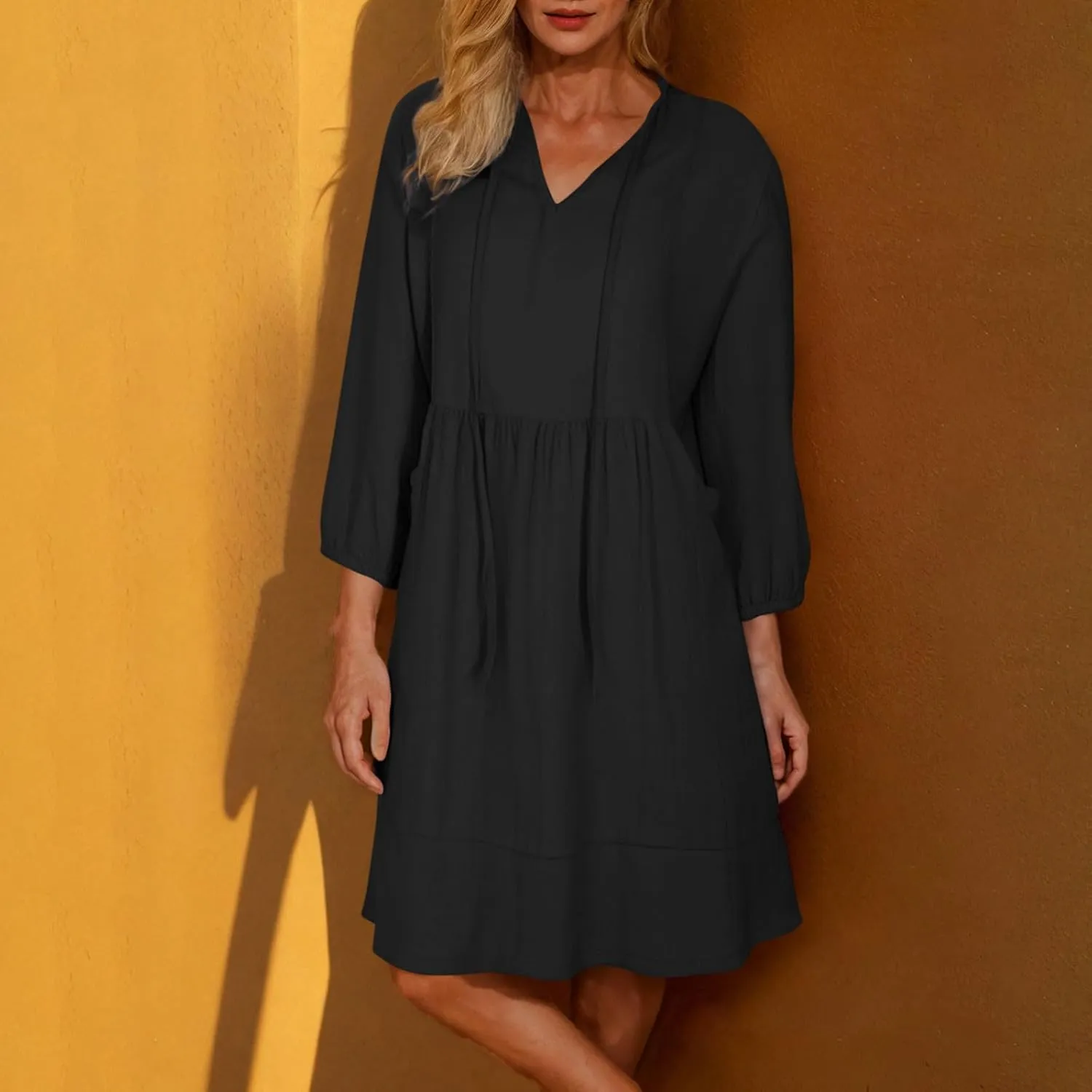 JOAU Womens 3/4 Sleeve Shirt Dress Summer Casual V Neck Drawstring Ruffle Hem A-Line Pleated Beach Midi Dresses with Pockets