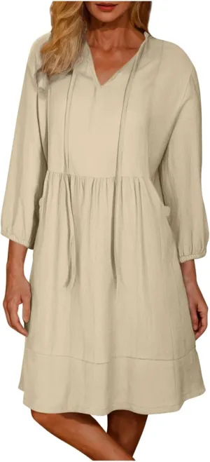 JOAU Womens 3/4 Sleeve Shirt Dress Summer Casual V Neck Drawstring Ruffle Hem A-Line Pleated Beach Midi Dresses with Pockets