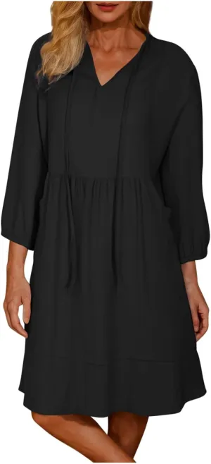 JOAU Womens 3/4 Sleeve Shirt Dress Summer Casual V Neck Drawstring Ruffle Hem A-Line Pleated Beach Midi Dresses with Pockets