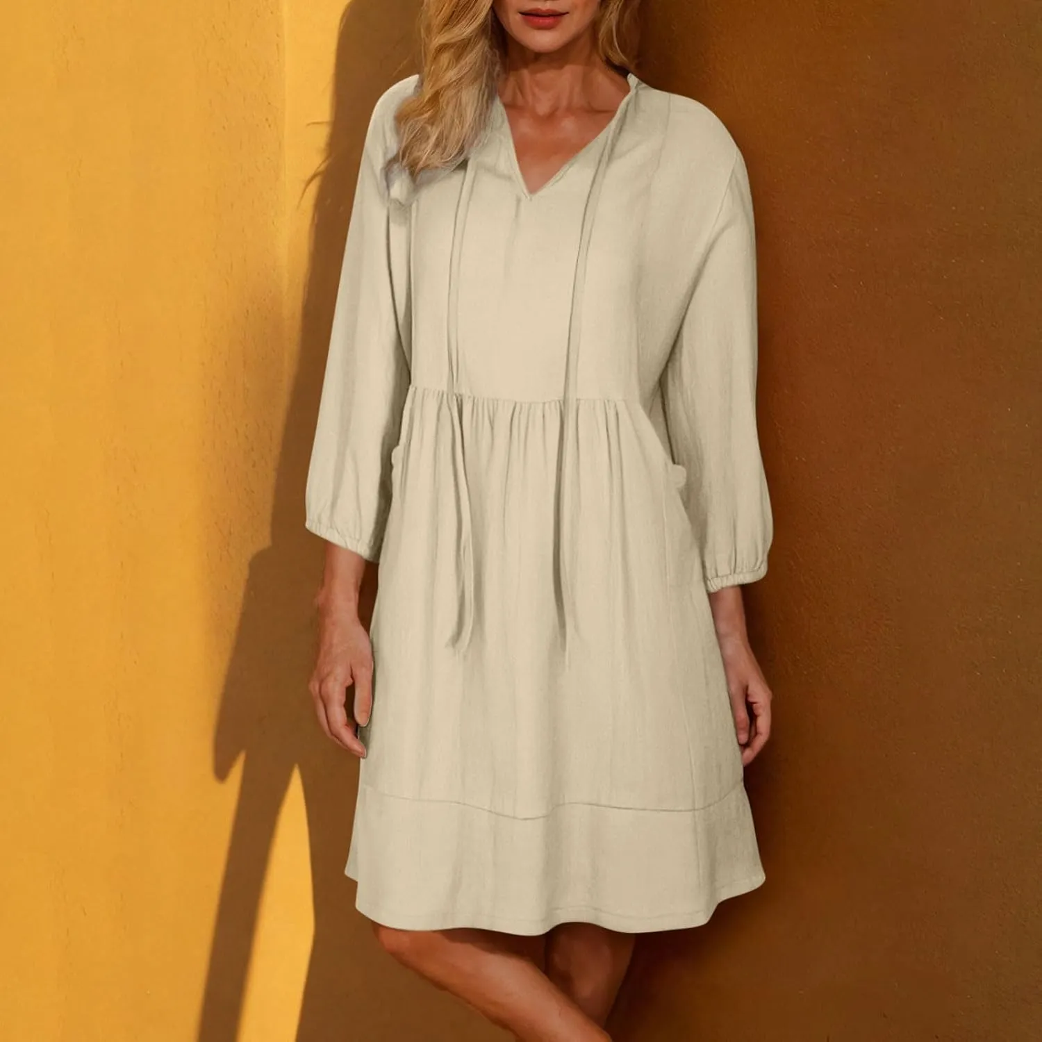 JOAU Womens 3/4 Sleeve Shirt Dress Summer Casual V Neck Drawstring Ruffle Hem A-Line Pleated Beach Midi Dresses with Pockets