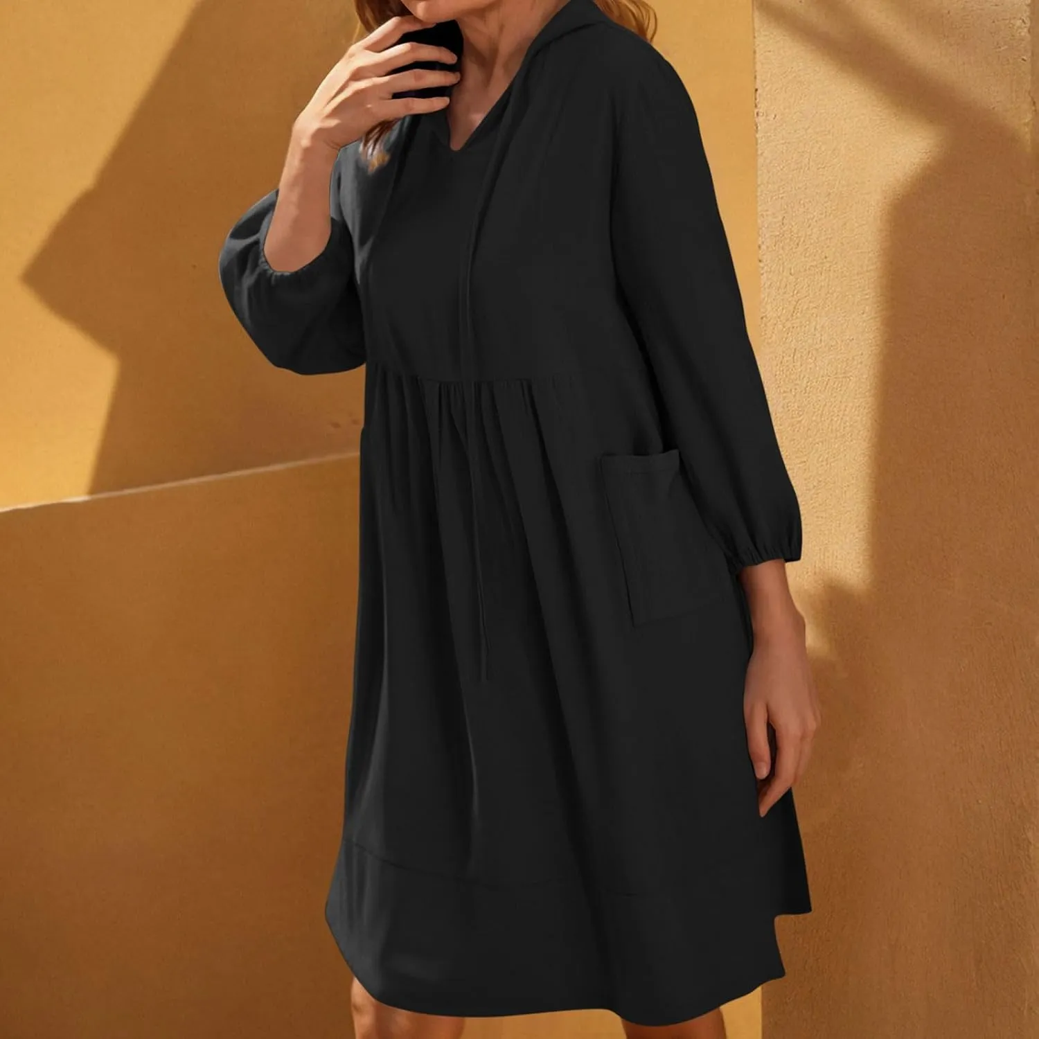 JOAU Womens 3/4 Sleeve Shirt Dress Summer Casual V Neck Drawstring Ruffle Hem A-Line Pleated Beach Midi Dresses with Pockets