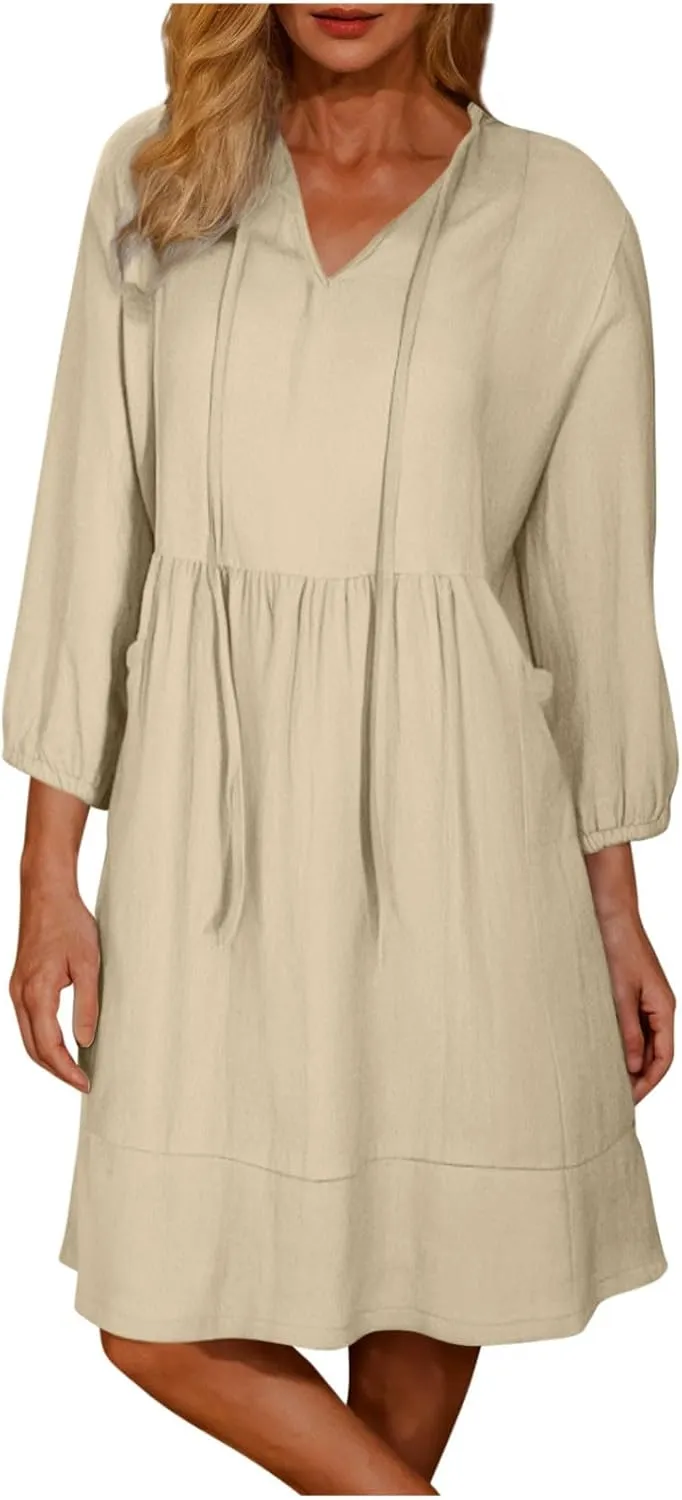 JOAU Womens 3/4 Sleeve Shirt Dress Summer Casual V Neck Drawstring Ruffle Hem A-Line Pleated Beach Midi Dresses with Pockets