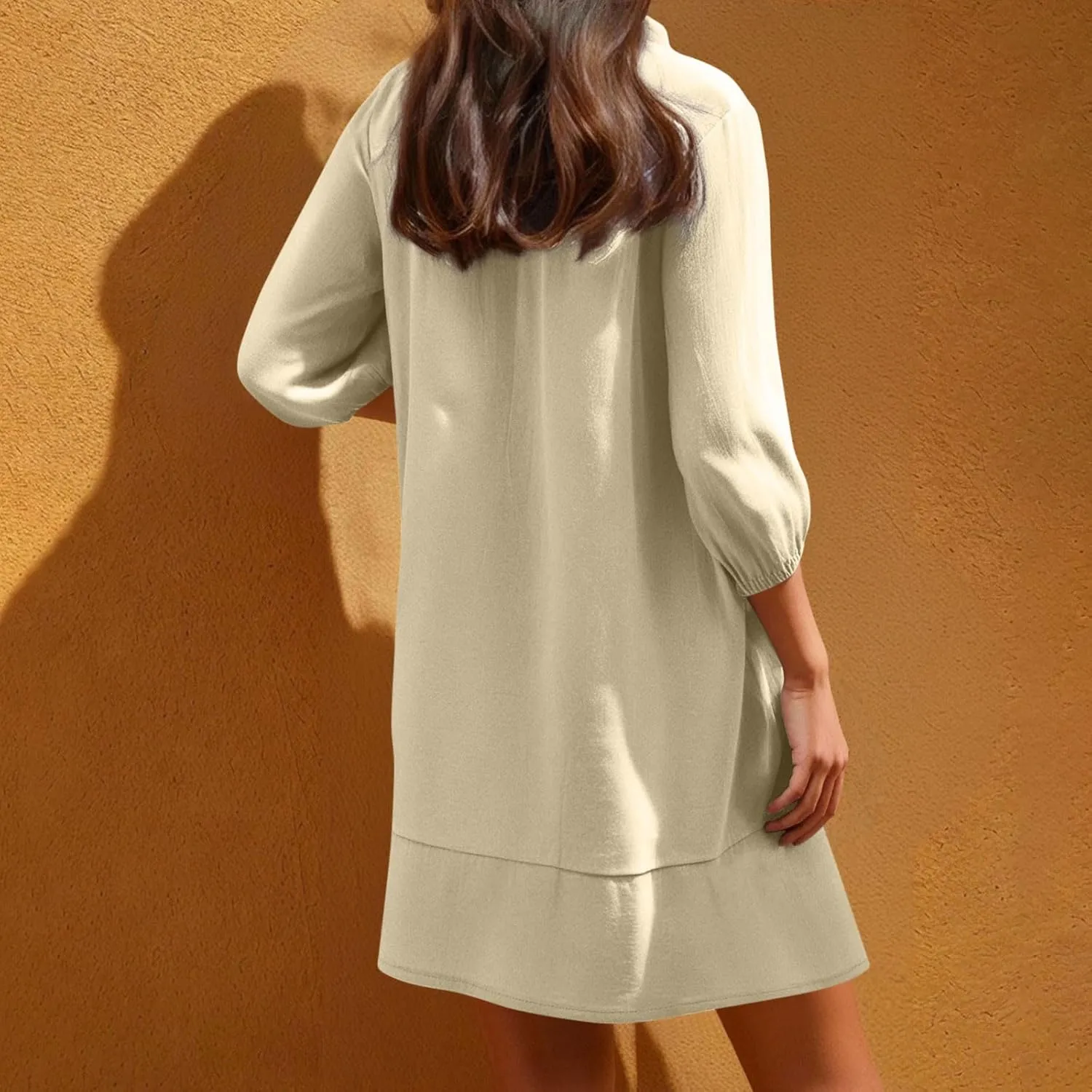 JOAU Womens 3/4 Sleeve Shirt Dress Summer Casual V Neck Drawstring Ruffle Hem A-Line Pleated Beach Midi Dresses with Pockets