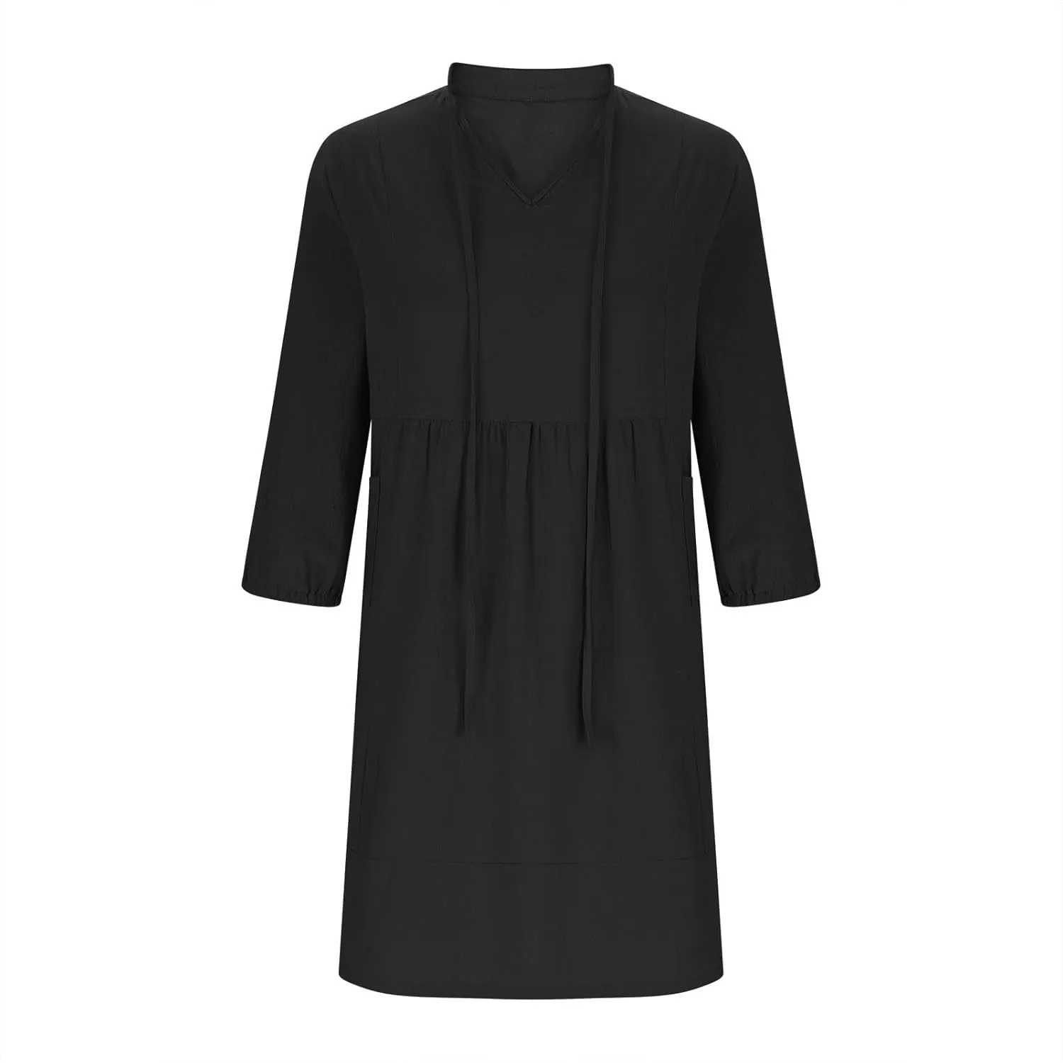 JOAU Womens 3/4 Sleeve Shirt Dress Summer Casual V Neck Drawstring Ruffle Hem A-Line Pleated Beach Midi Dresses with Pockets