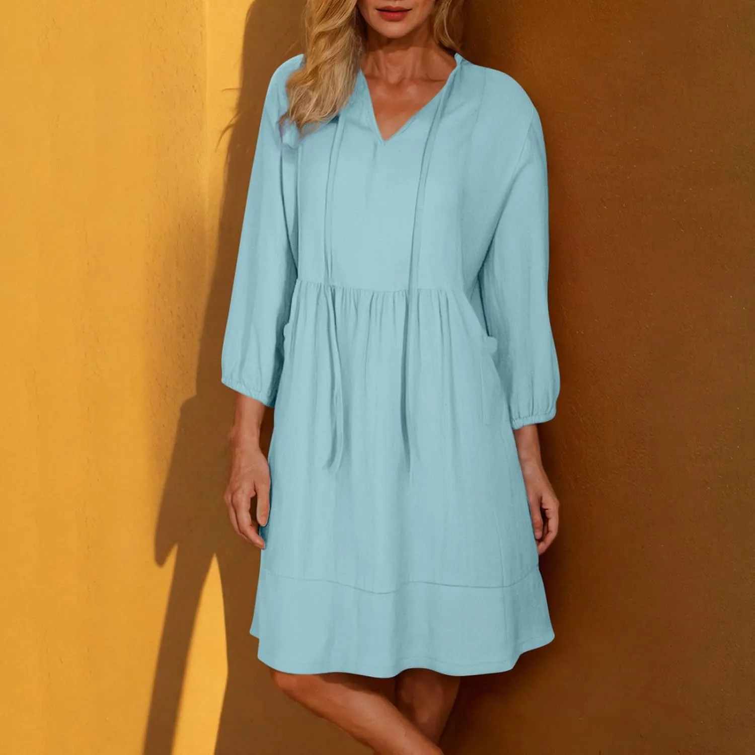 JOAU Womens 3/4 Sleeve Shirt Dress Summer Casual V Neck Drawstring Ruffle Hem A-Line Pleated Beach Midi Dresses with Pockets