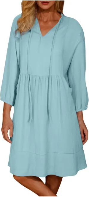 JOAU Womens 3/4 Sleeve Shirt Dress Summer Casual V Neck Drawstring Ruffle Hem A-Line Pleated Beach Midi Dresses with Pockets