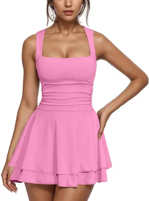 JOAU Women's Square Neck Layered Ruffle Hem Mini Dress Sleeveless Low Cut A-Line Swing Ruched Waist Short Party Dresses