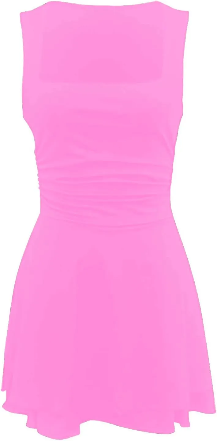 JOAU Women's Square Neck Layered Ruffle Hem Mini Dress Sleeveless Low Cut A-Line Swing Ruched Waist Short Party Dresses