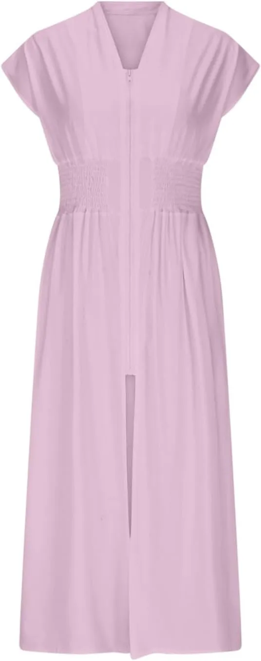 JOAU Womens Summer Casual V Neck Cap Sleeve Dress Smocked Elastic Waist Zipper Front Flowy Pleated Midi Dresses with Pockets