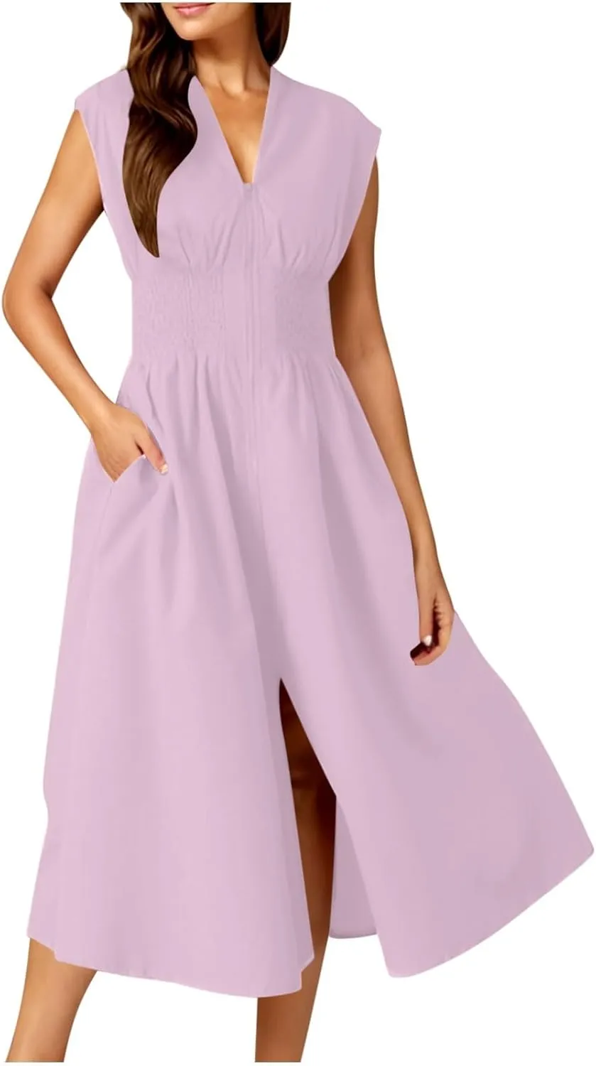 JOAU Womens Summer Casual V Neck Cap Sleeve Dress Smocked Elastic Waist Zipper Front Flowy Pleated Midi Dresses with Pockets