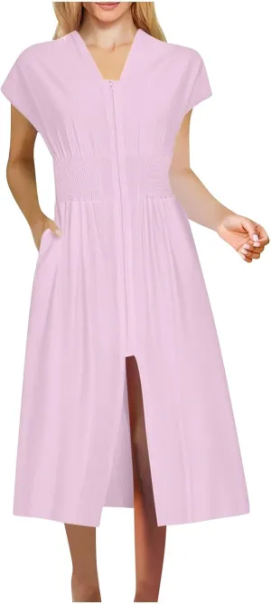 JOAU Womens Summer Casual V Neck Cap Sleeve Dress Smocked Elastic Waist Zipper Front Flowy Pleated Midi Dresses with Pockets