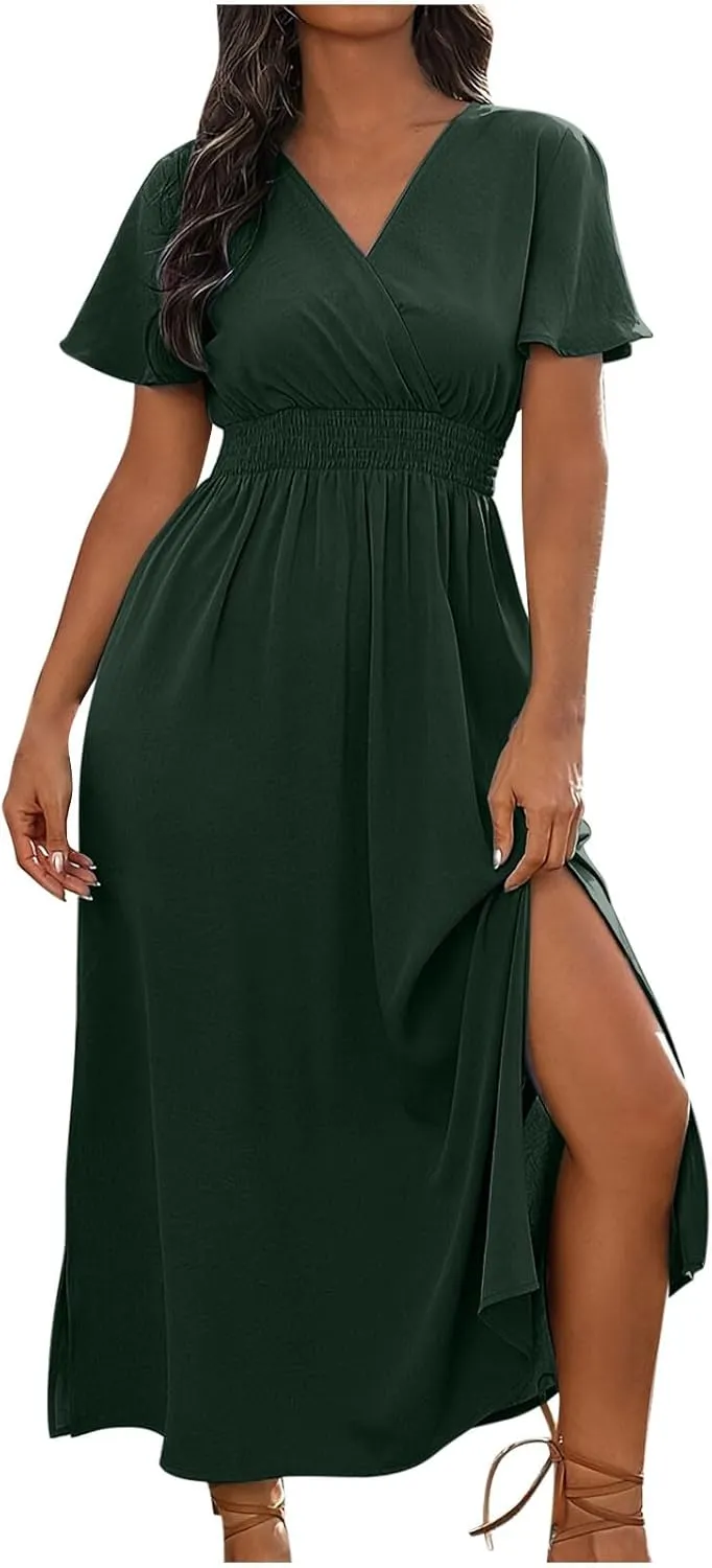 JOAU Women's Summer Ruffle Short Sleeve Casual Dresses Wrap V-Neck Smocked Empire Waist Party Side Slit Hem Beach Maxi Dress