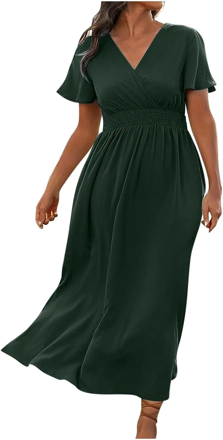 JOAU Women's Summer Ruffle Short Sleeve Casual Dresses Wrap V-Neck Smocked Empire Waist Party Side Slit Hem Beach Maxi Dress