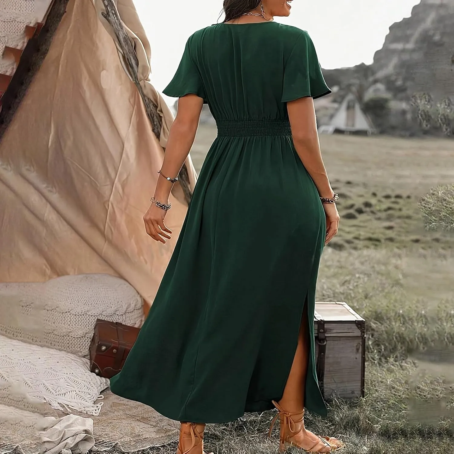 JOAU Women's Summer Ruffle Short Sleeve Casual Dresses Wrap V-Neck Smocked Empire Waist Party Side Slit Hem Beach Maxi Dress