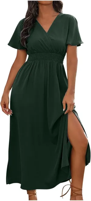 JOAU Women's Summer Ruffle Short Sleeve Casual Dresses Wrap V-Neck Smocked Empire Waist Party Side Slit Hem Beach Maxi Dress