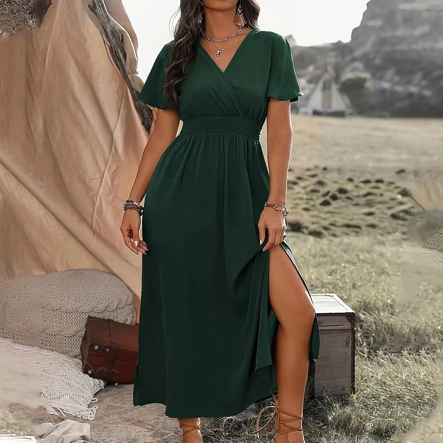 JOAU Women's Summer Ruffle Short Sleeve Casual Dresses Wrap V-Neck Smocked Empire Waist Party Side Slit Hem Beach Maxi Dress