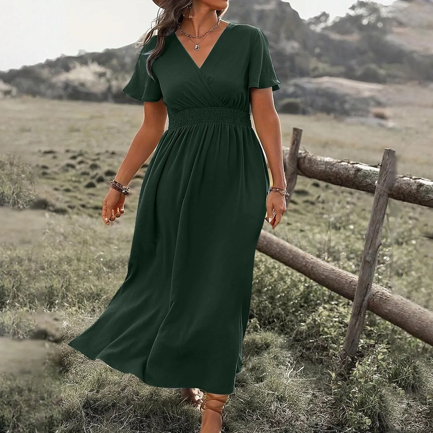 JOAU Women's Summer Ruffle Short Sleeve Casual Dresses Wrap V-Neck Smocked Empire Waist Party Side Slit Hem Beach Maxi Dress