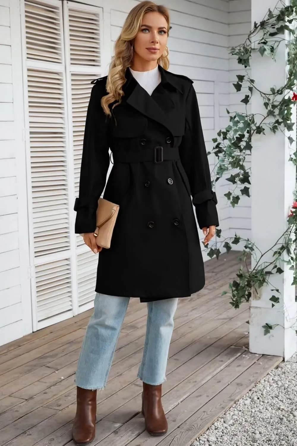 Joe Wenko Women's Waterproof Trench Coat Double Breasted Lapel Rain Coats for Women With Belt