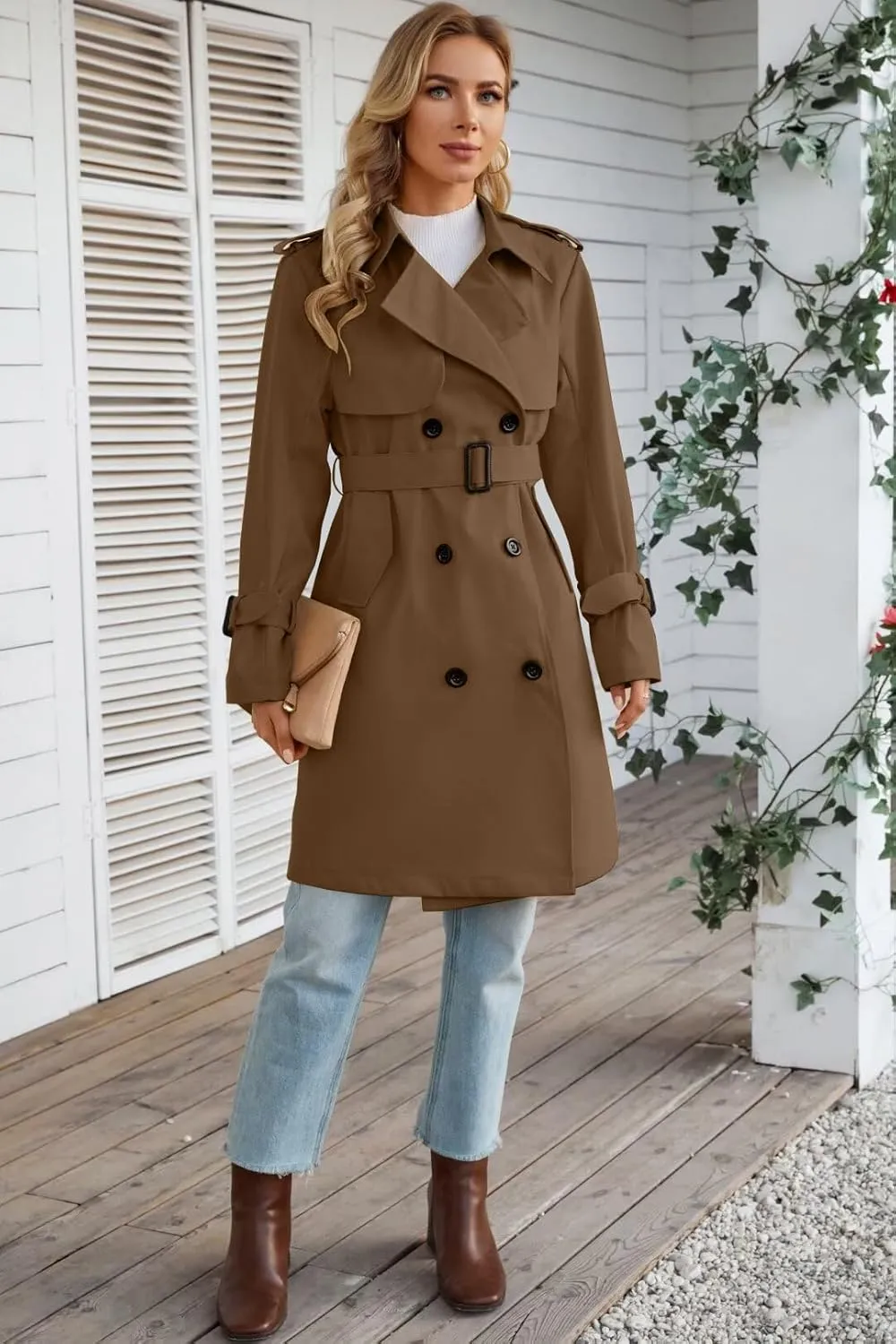 Joe Wenko Women's Waterproof Trench Coat Double Breasted Lapel Rain Coats for Women With Belt