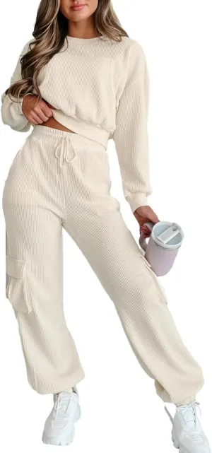 Kedera Womens Waffle Knit Pajamas Sets 2 Piece Outfits Knit Long Sleeve Pullover and Pants Sweatsuits