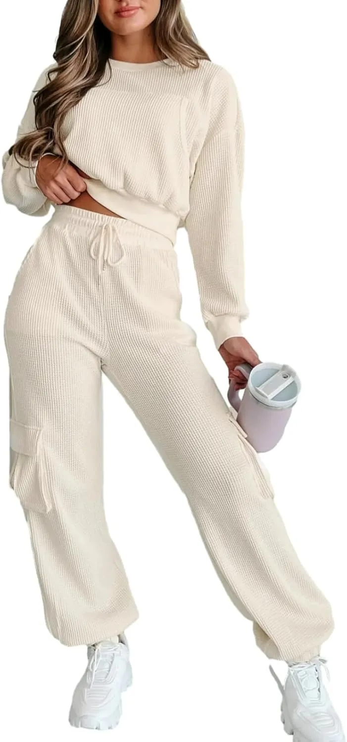 Kedera Womens Waffle Knit Pajamas Sets 2 Piece Outfits Knit Long Sleeve Pullover and Pants Sweatsuits