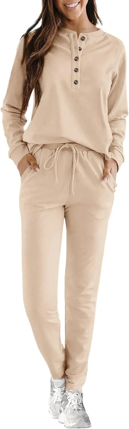 KIRUNDO Womens Sweatsuits 2 Piece Set 2025 Fall Winter Button Henley Sweatshirt Drawstring Pants Lounge Sets with Pockets