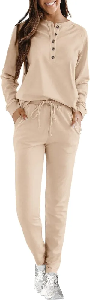 KIRUNDO Womens Sweatsuits 2 Piece Set 2025 Fall Winter Button Henley Sweatshirt Drawstring Pants Lounge Sets with Pockets