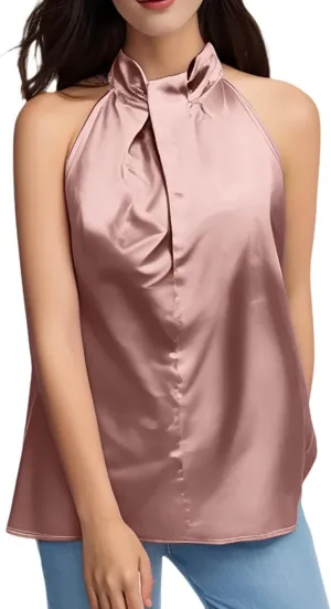 Ladies Summer Casual Sleeveless Solid Color Hanging Neck Jacket Arc Hem Casual Jacket Shirts Woman