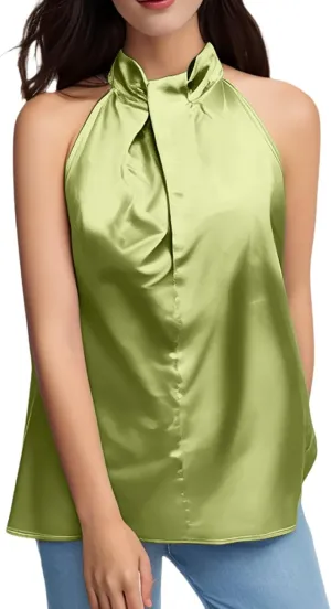 Ladies Summer Casual Sleeveless Solid Color Hanging Neck Jacket Arc Hem Casual Jacket Shirts Woman