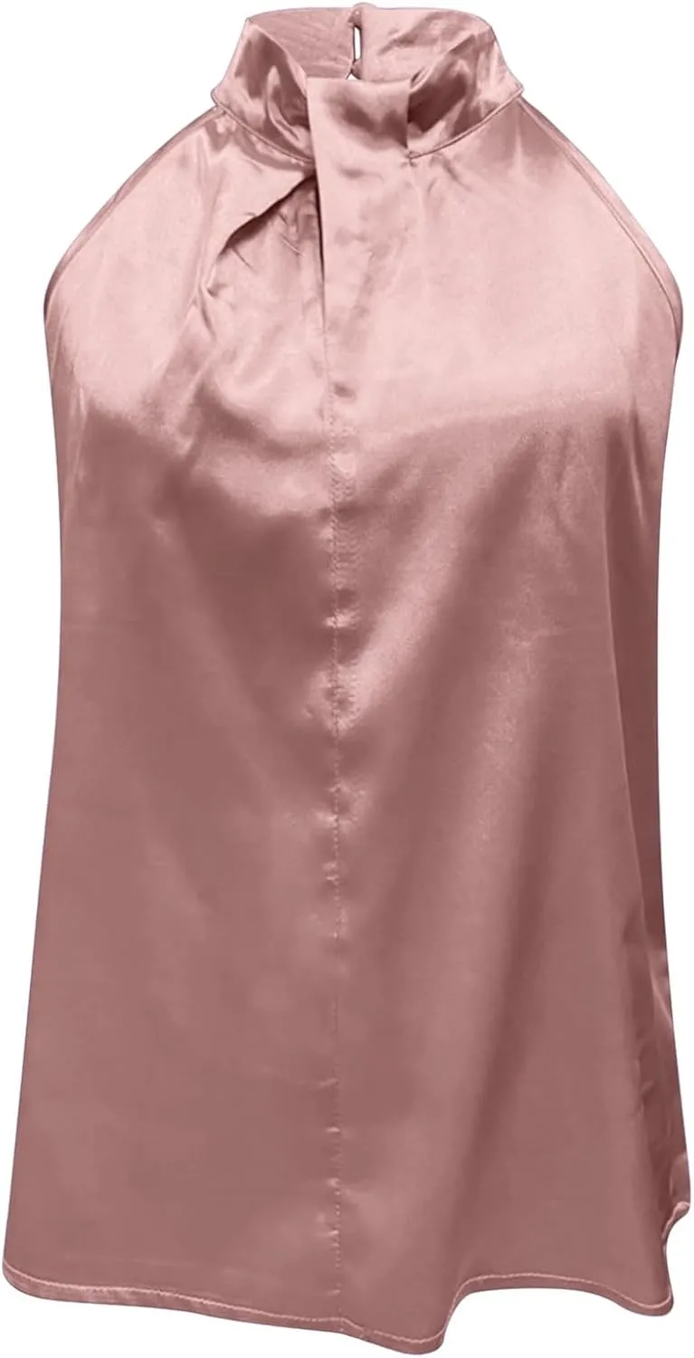 Ladies Summer Casual Sleeveless Solid Color Hanging Neck Jacket Arc Hem Casual Jacket Shirts Woman