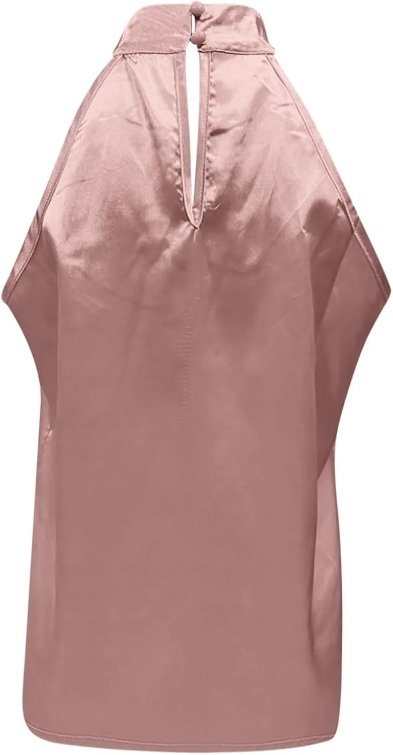 Ladies Summer Casual Sleeveless Solid Color Hanging Neck Jacket Arc Hem Casual Jacket Shirts Woman