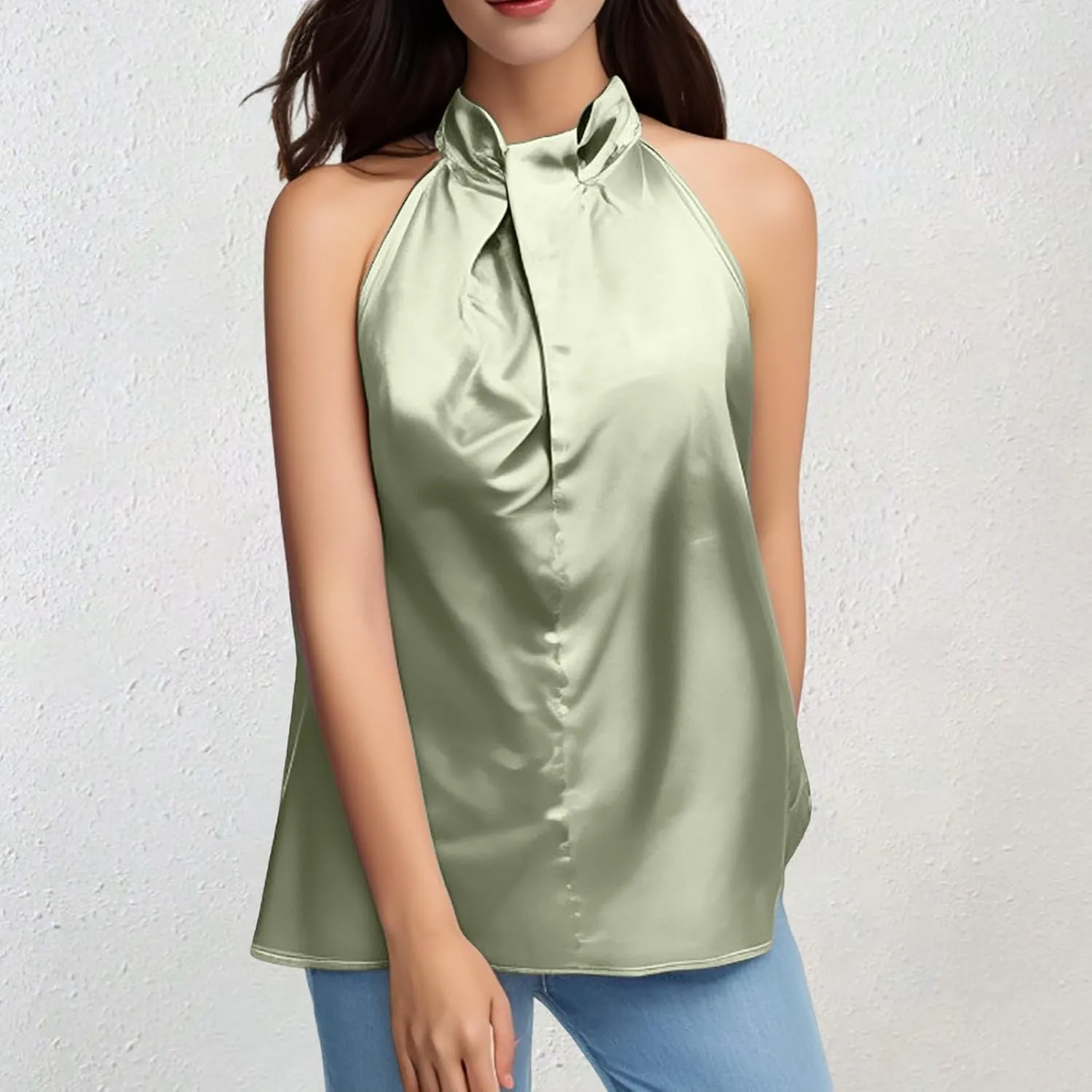Ladies Summer Casual Sleeveless Solid Color Hanging Neck Jacket Arc Hem Casual Jacket Shirts Woman