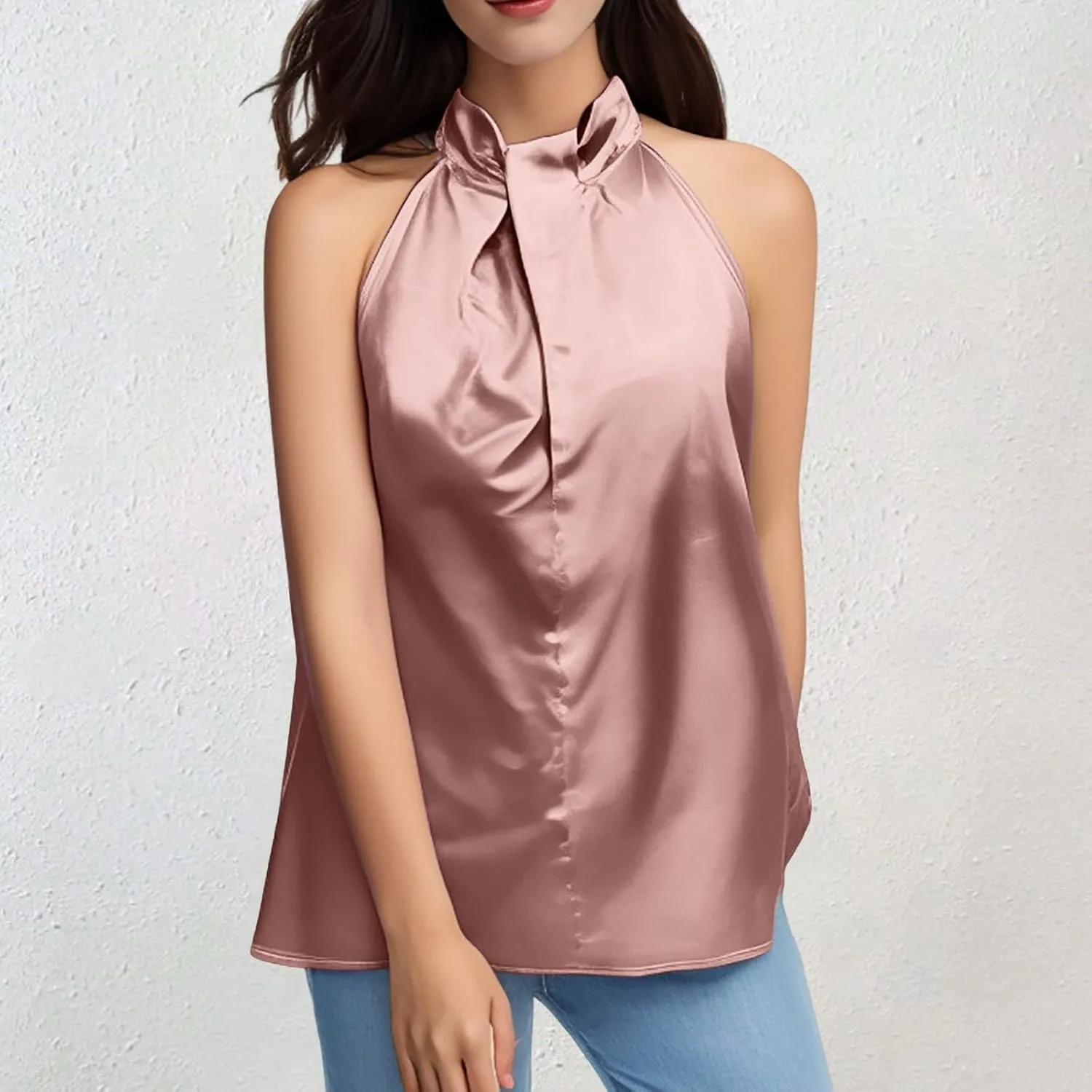 Ladies Summer Casual Sleeveless Solid Color Hanging Neck Jacket Arc Hem Casual Jacket Shirts Woman