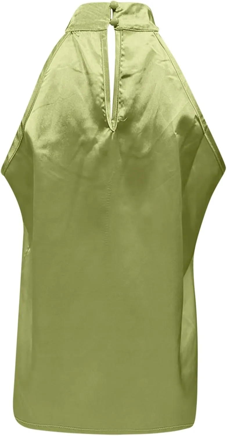 Ladies Summer Casual Sleeveless Solid Color Hanging Neck Jacket Arc Hem Casual Jacket Shirts Woman