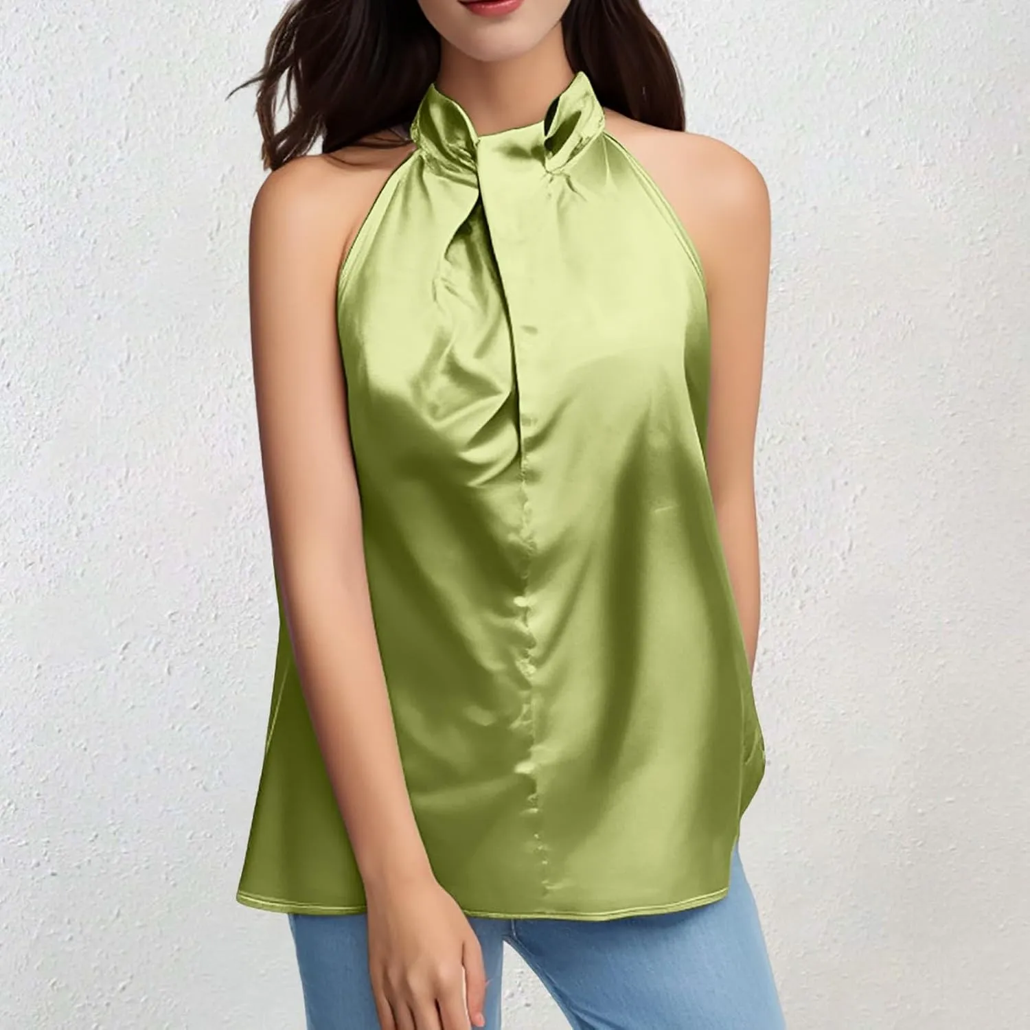 Ladies Summer Casual Sleeveless Solid Color Hanging Neck Jacket Arc Hem Casual Jacket Shirts Woman