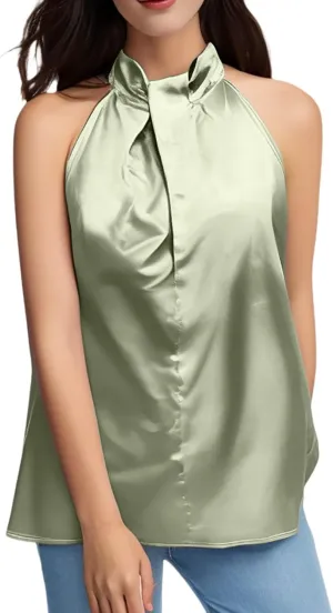 Ladies Summer Casual Sleeveless Solid Color Hanging Neck Jacket Arc Hem Casual Jacket Shirts Woman