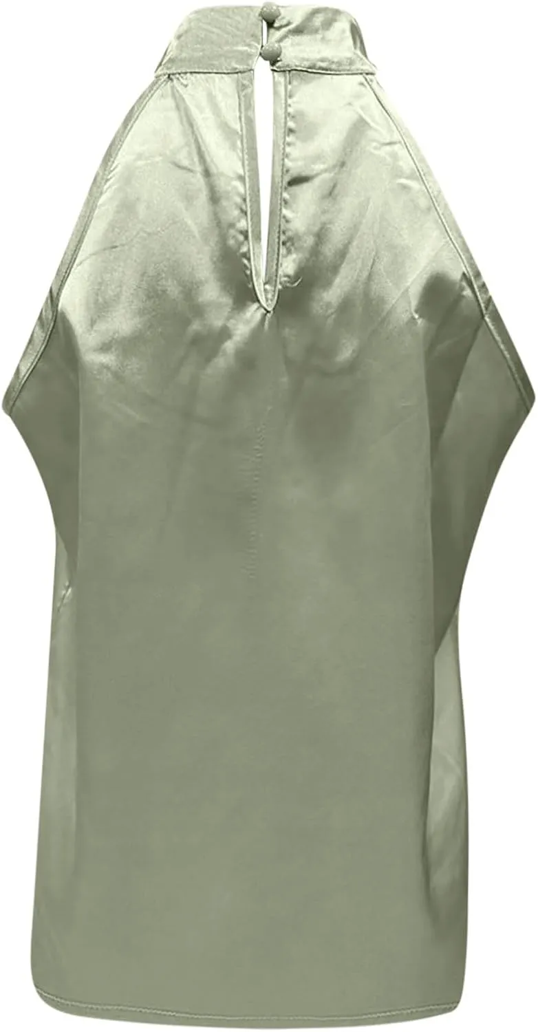 Ladies Summer Casual Sleeveless Solid Color Hanging Neck Jacket Arc Hem Casual Jacket Shirts Woman